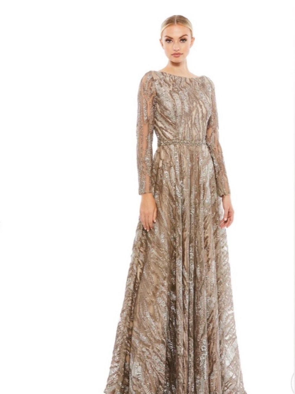 Mac Duggal Taupe and Silver Beaded Long Sleeve Gown